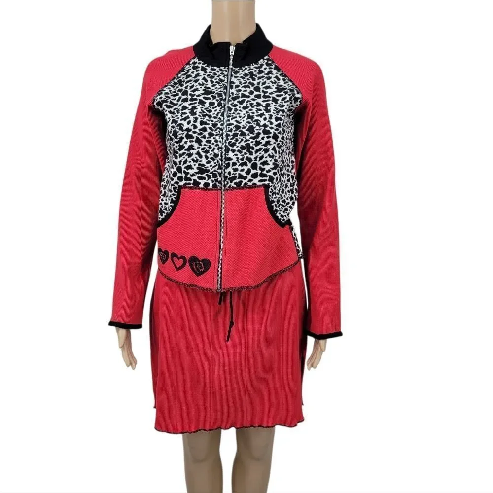 Lucky Charm Y2K Red Waffle Knit Animal Print Skirt and Jacket Matching Set